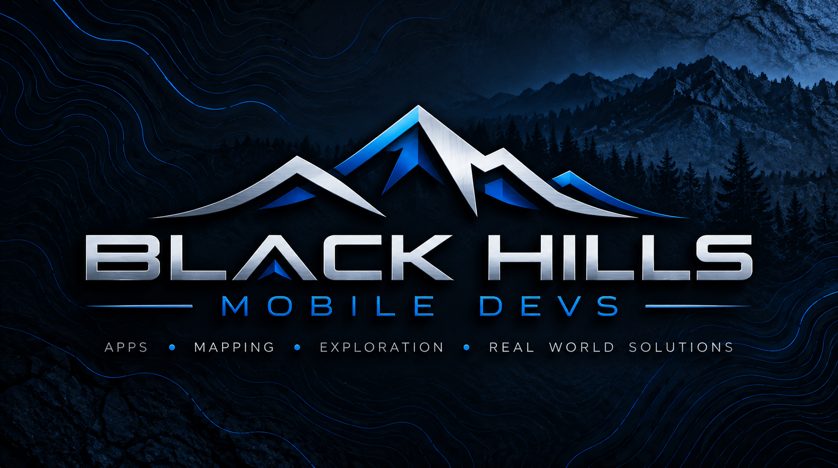 Black Hills Mobile Devs — silver and electric-blue mountain logo with topographic landscape